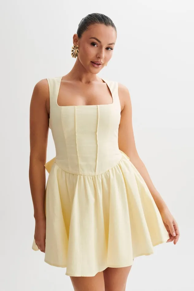 Women Meshki Dresses Marcella Linen Bow Back Mini Dress 8211 Lemon Sherbet