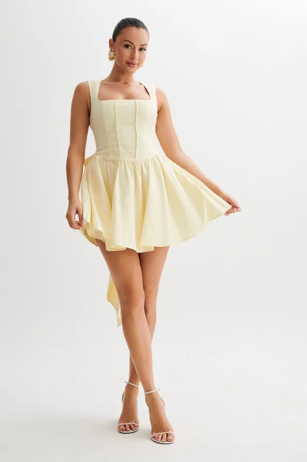 Women Meshki Dresses Marcella Linen Bow Back Mini Dress 8211 Lemon Sherbet