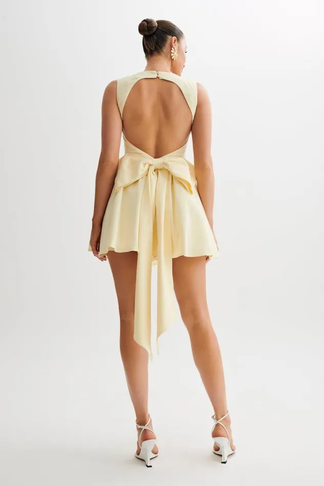 Women Meshki Dresses Marcella Linen Bow Back Mini Dress 8211 Lemon Sherbet