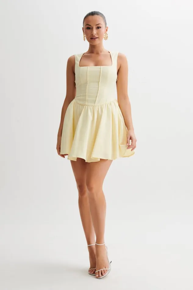 Women Meshki Dresses Marcella Linen Bow Back Mini Dress 8211 Lemon Sherbet