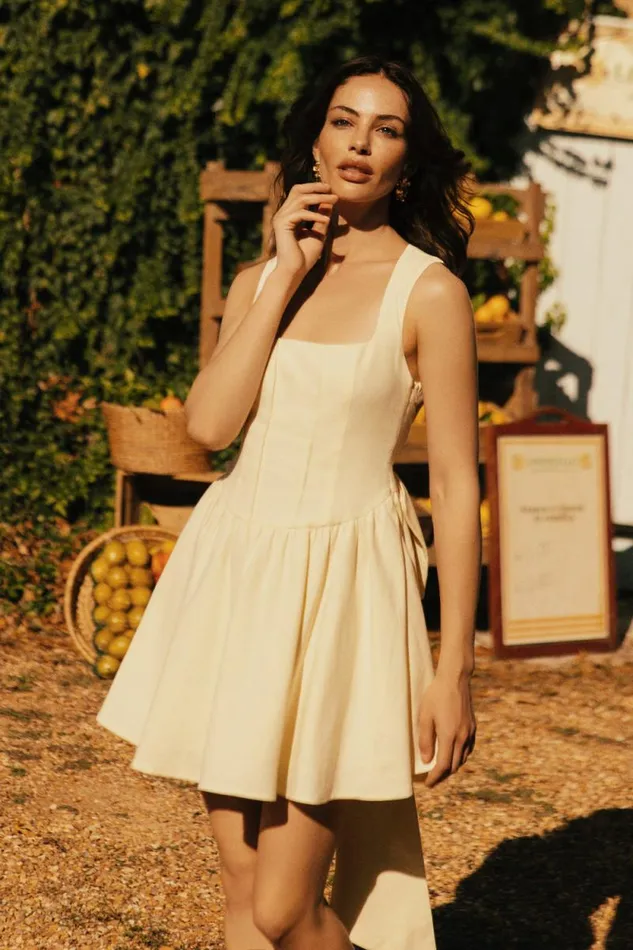 Women Meshki Dresses Marcella Linen Bow Back Mini Dress 8211 Lemon Sherbet