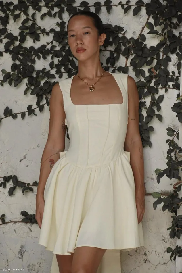 Women Meshki Dresses Marcella Linen Bow Back Mini Dress 8211 Lemon Sherbet