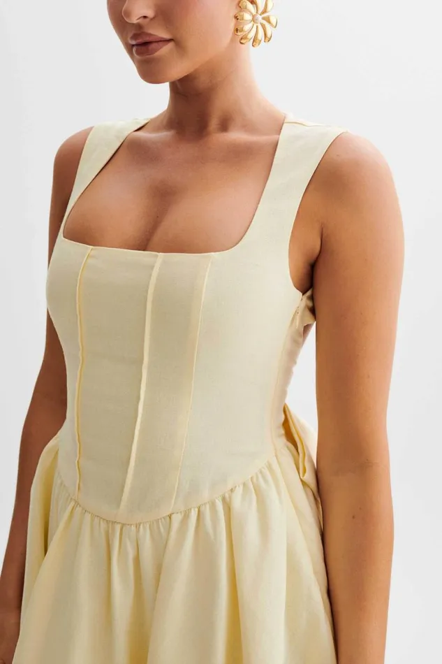 Women Meshki Dresses Marcella Linen Bow Back Mini Dress 8211 Lemon Sherbet