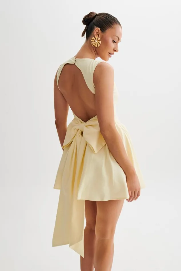 Women Meshki Dresses Marcella Linen Bow Back Mini Dress 8211 Lemon Sherbet