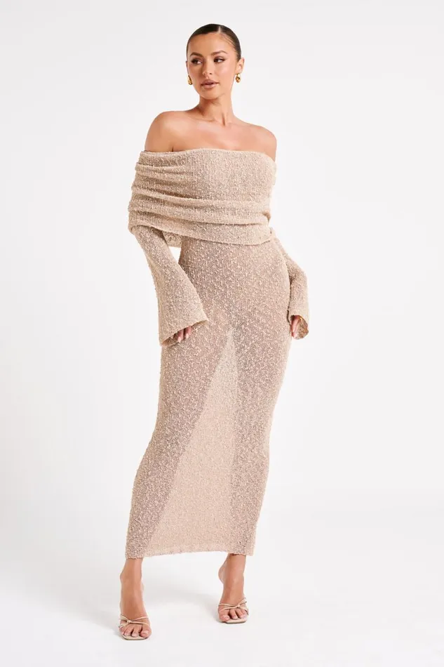 Women Meshki Dresses Marisol Off Shoulder Boucle Maxi Dress 8211 Wheat
