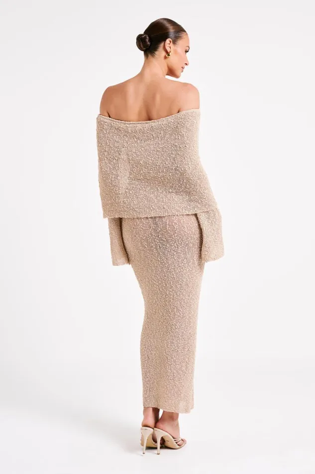 Women Meshki Dresses Marisol Off Shoulder Boucle Maxi Dress 8211 Wheat
