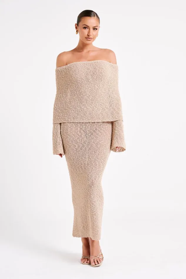 Women Meshki Dresses Marisol Off Shoulder Boucle Maxi Dress 8211 Wheat