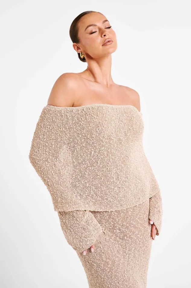 Women Meshki Dresses Marisol Off Shoulder Boucle Maxi Dress 8211 Wheat