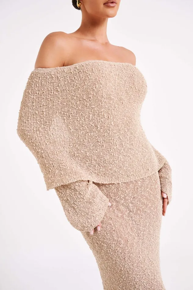 Women Meshki Dresses Marisol Off Shoulder Boucle Maxi Dress 8211 Wheat