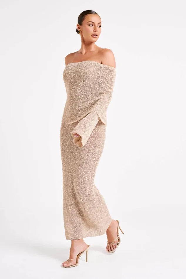 Women Meshki Dresses Marisol Off Shoulder Boucle Maxi Dress 8211 Wheat