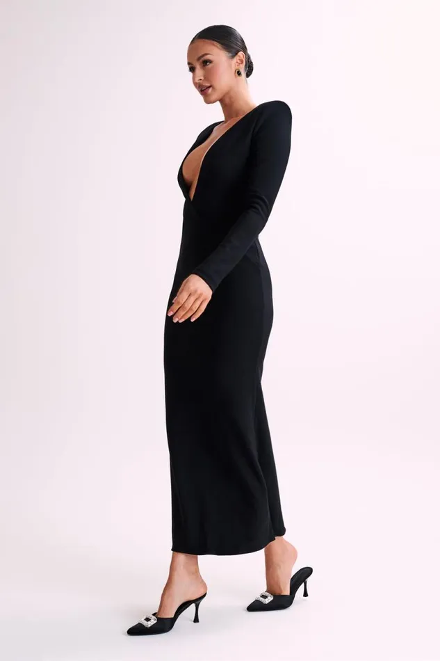 Women Meshki Dresses Michaela Long Sleeve Maxi Dress With Shoulder Pads 8211 Black