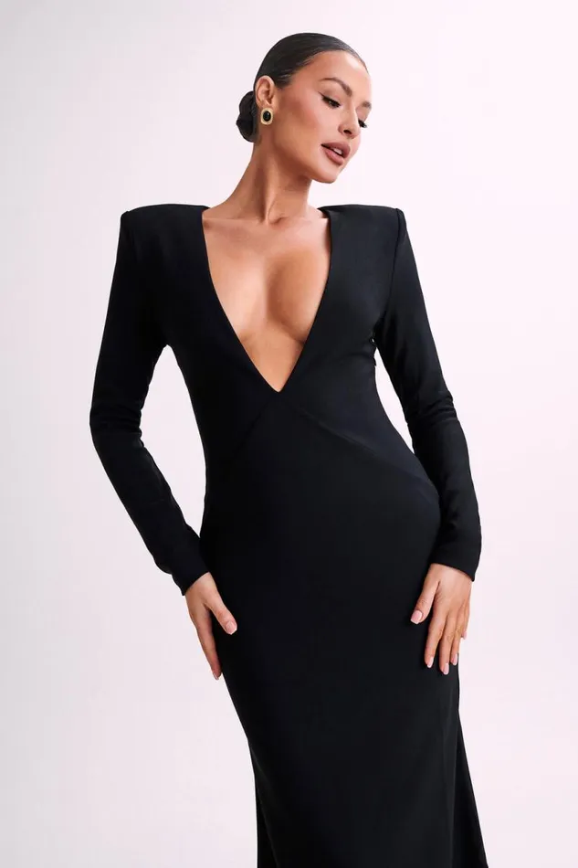 Women Meshki Dresses Michaela Long Sleeve Maxi Dress With Shoulder Pads 8211 Black