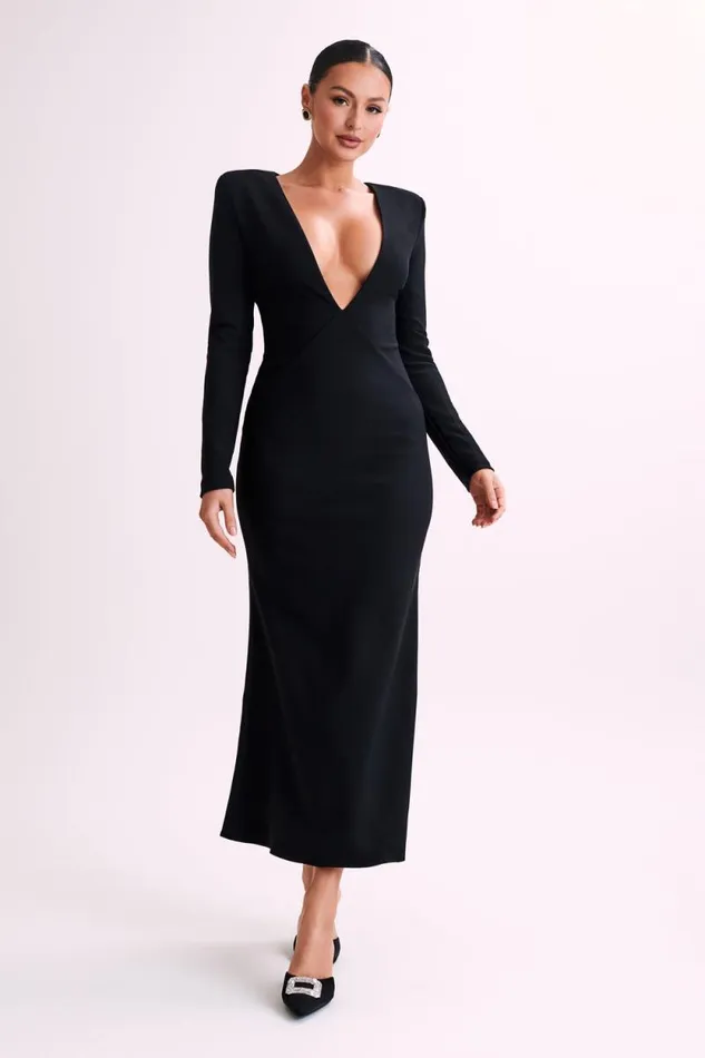 Women Meshki Dresses Michaela Long Sleeve Maxi Dress With Shoulder Pads 8211 Black