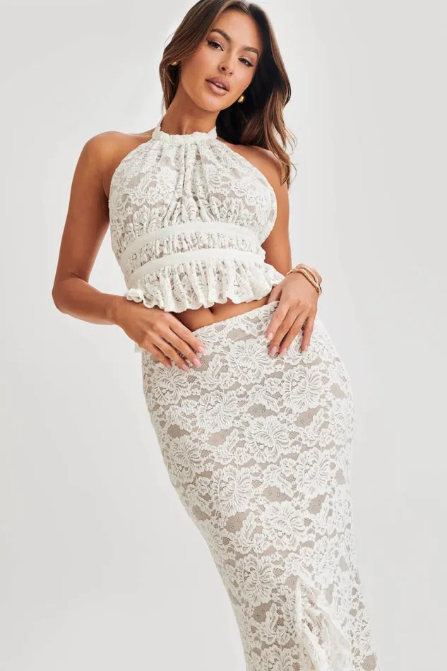 Women Meshki Dresses Nicolette Lace Plisse Halter Top 8211 Ivory