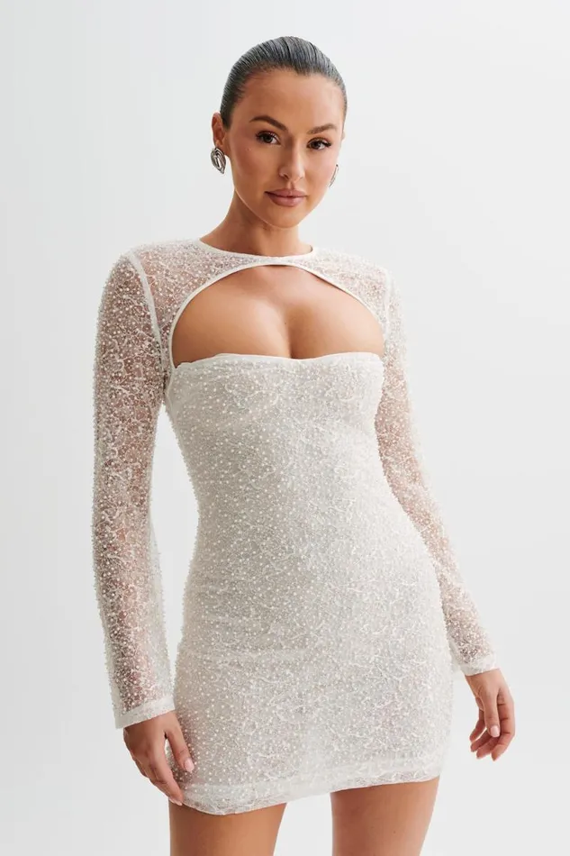 Women Meshki Dresses Paxton Pearl Beaded Mini Dress 8211 White