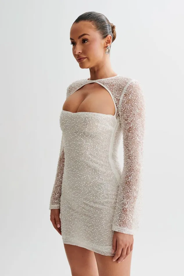 Women Meshki Dresses Paxton Pearl Beaded Mini Dress 8211 White