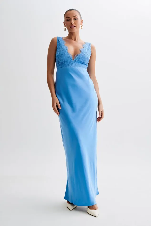Women Meshki Dresses Ricci Satin And Lace Maxi Dress 8211 Iris Blue