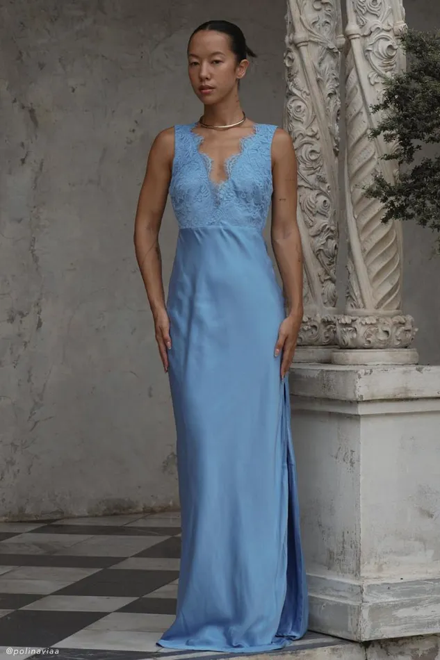 Women Meshki Dresses Ricci Satin And Lace Maxi Dress 8211 Iris Blue