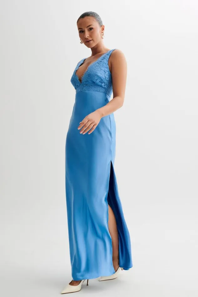 Women Meshki Dresses Ricci Satin And Lace Maxi Dress 8211 Iris Blue