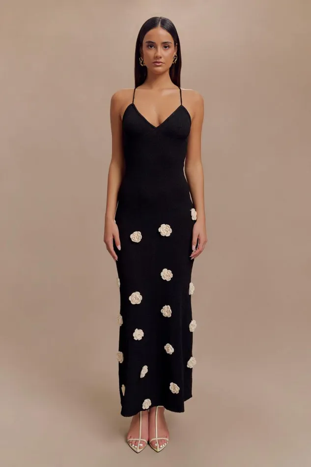 Women Meshki Dresses Suki Knit Maxi Dress With Flowers 8211 BlackWhite