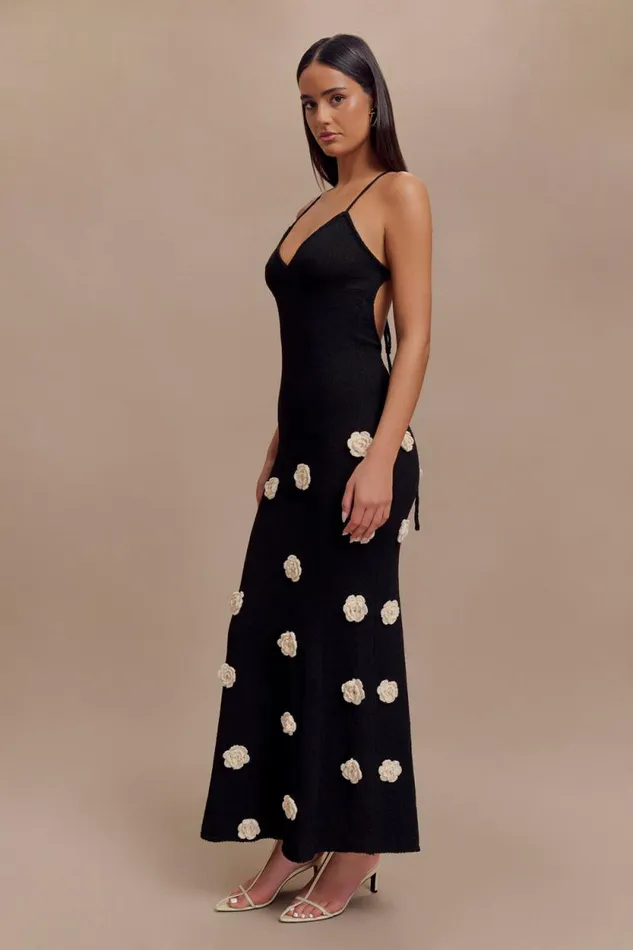 Women Meshki Dresses Suki Knit Maxi Dress With Flowers 8211 BlackWhite