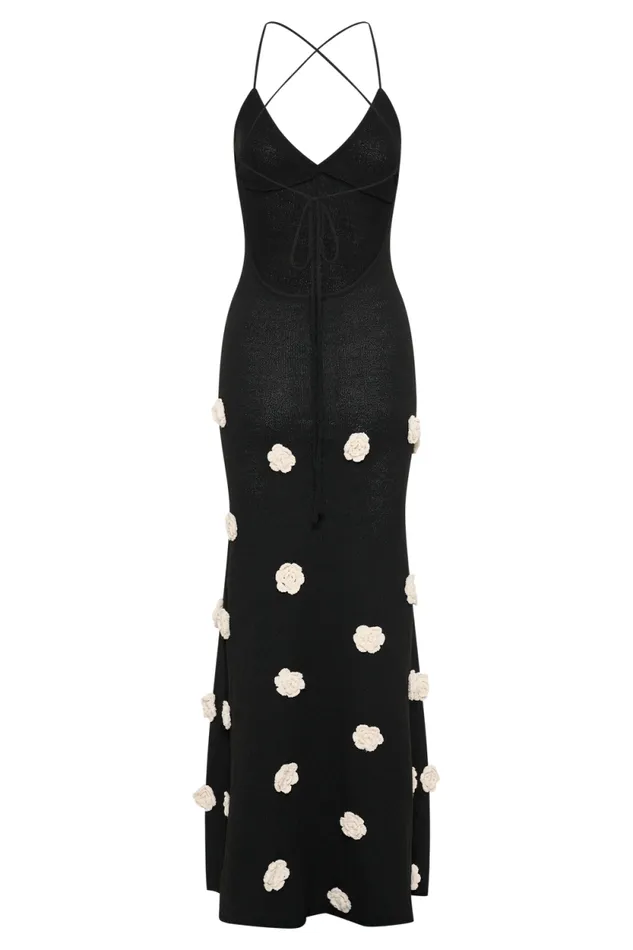 Women Meshki Dresses Suki Knit Maxi Dress With Flowers 8211 BlackWhite