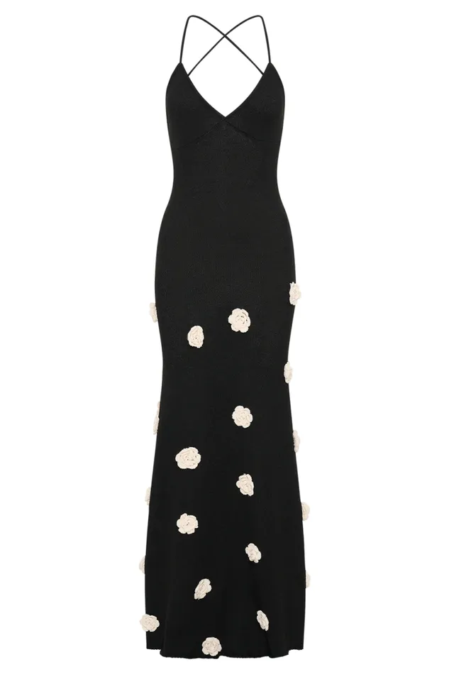 Women Meshki Dresses Suki Knit Maxi Dress With Flowers 8211 BlackWhite