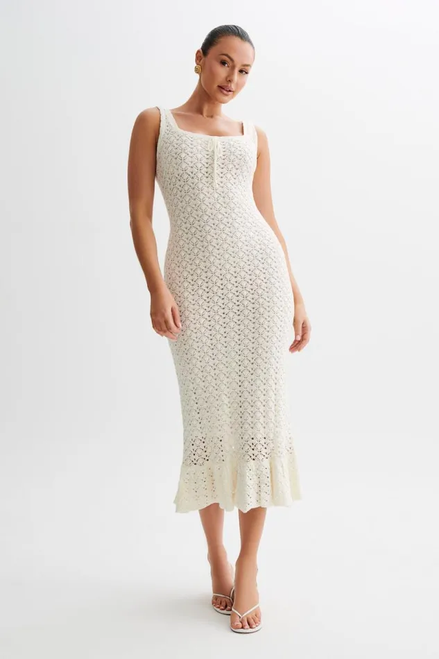 Women Meshki Dresses Sylvie Frill Knit Midi Dresses 8211 Ivory