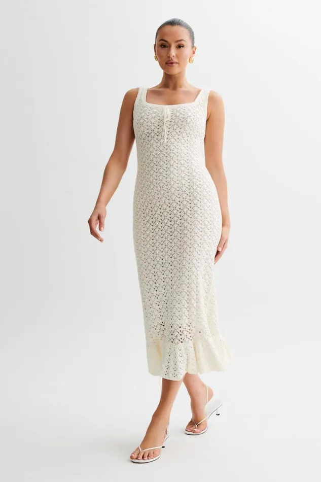 Women Meshki Dresses Sylvie Frill Knit Midi Dresses 8211 Ivory