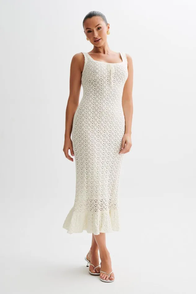 Women Meshki Dresses Sylvie Frill Knit Midi Dresses 8211 Ivory