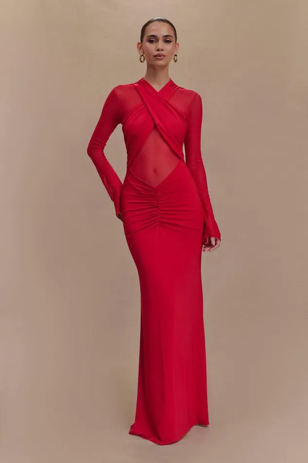 Women Meshki Dresses Tania Slinky And Mesh Long Sleeve Maxi Dress 8211 Ruby