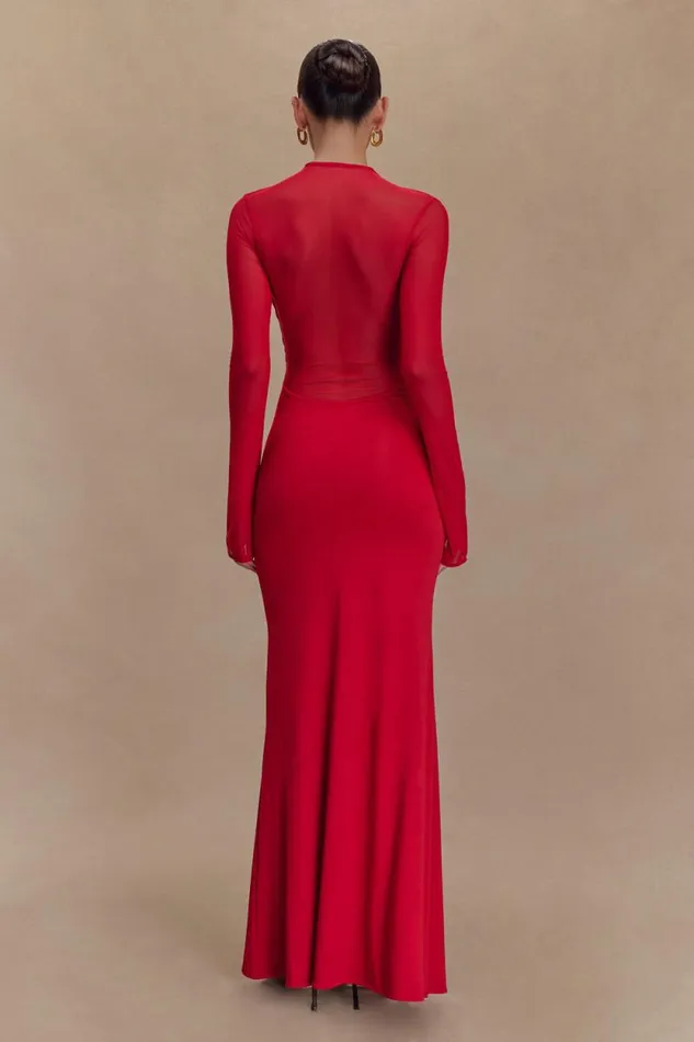 Women Meshki Dresses Tania Slinky And Mesh Long Sleeve Maxi Dress 8211 Ruby