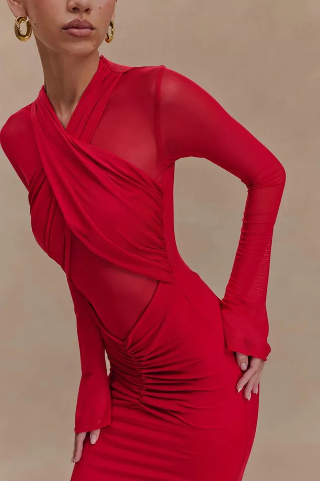 Women Meshki Dresses Tania Slinky And Mesh Long Sleeve Maxi Dress 8211 Ruby