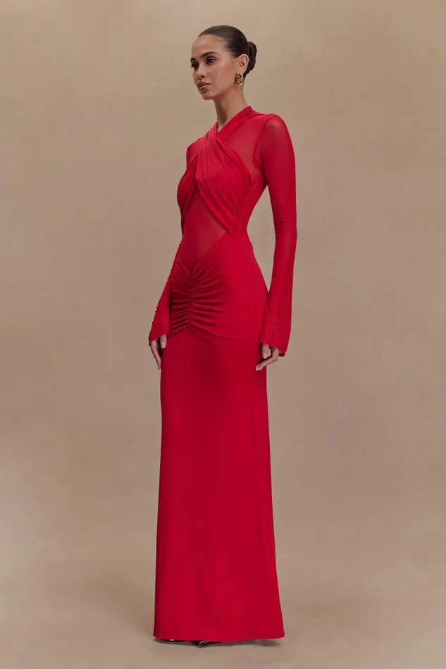 Women Meshki Dresses Tania Slinky And Mesh Long Sleeve Maxi Dress 8211 Ruby