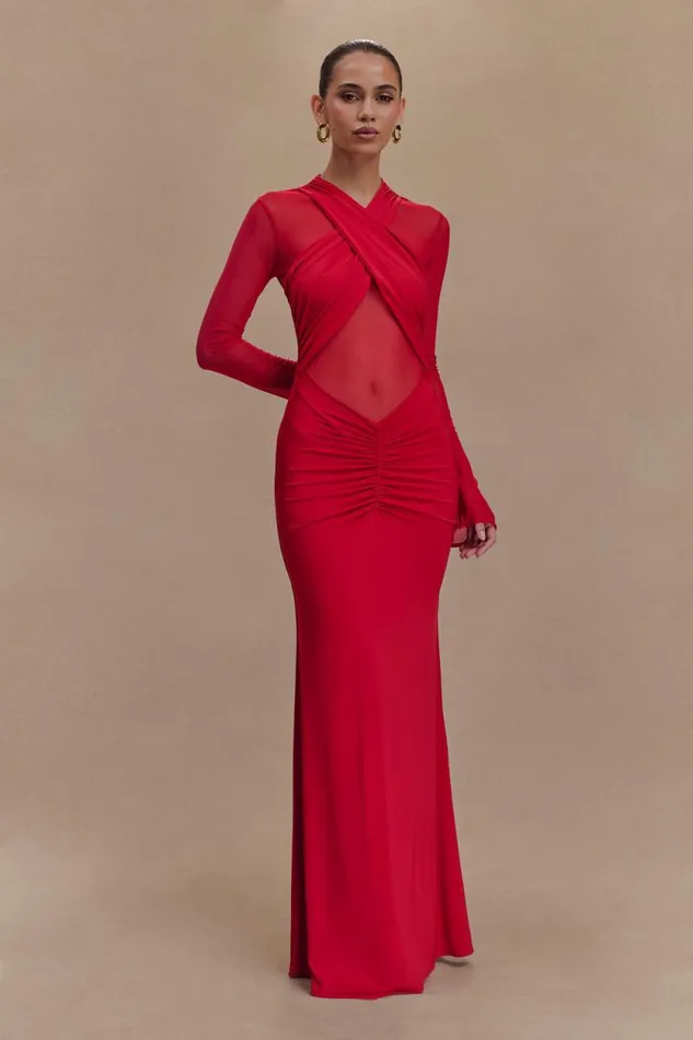 Women Meshki Dresses Tania Slinky And Mesh Long Sleeve Maxi Dress 8211 Ruby