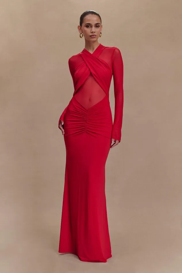 Women Meshki Dresses Tania Slinky And Mesh Long Sleeve Maxi Dress 8211 Ruby