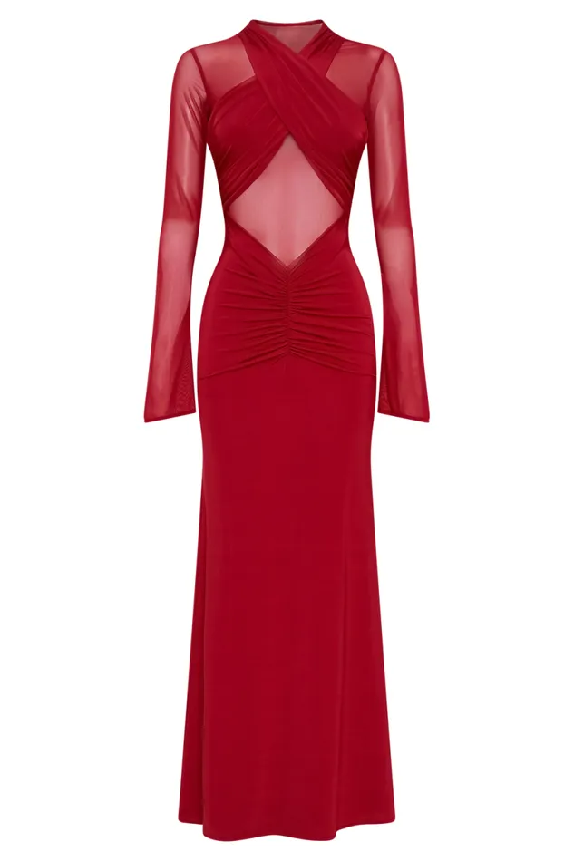Women Meshki Dresses Tania Slinky And Mesh Long Sleeve Maxi Dress 8211 Ruby