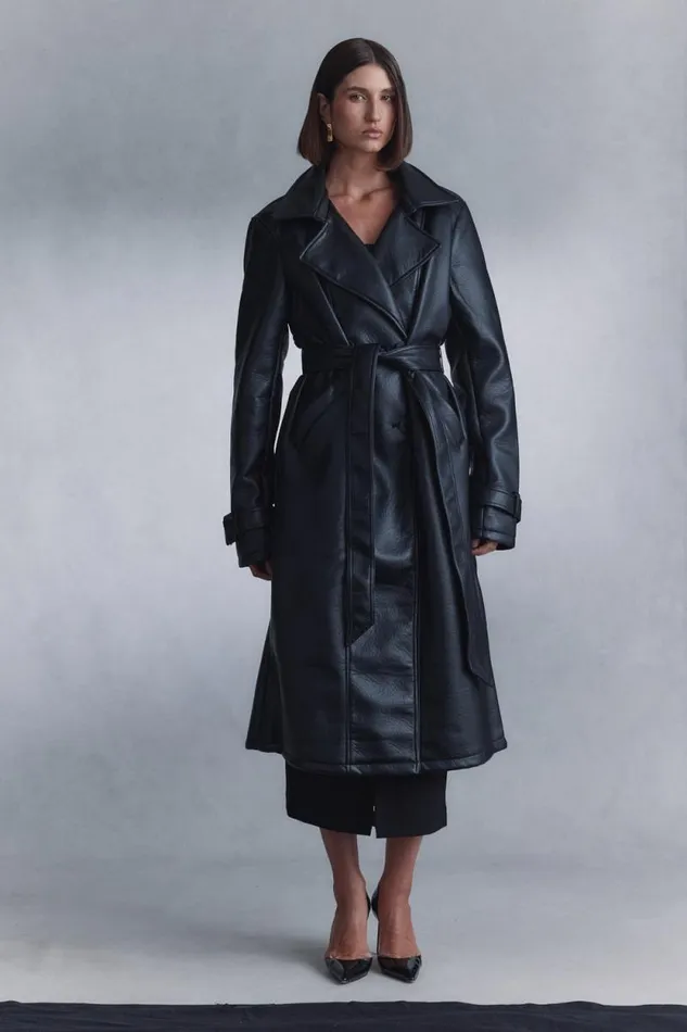 Women Meshki Dresses Tarah Faux Leather Trench Coat 8211 Black