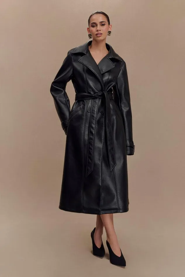 Women Meshki Dresses Tarah Faux Leather Trench Coat 8211 Black
