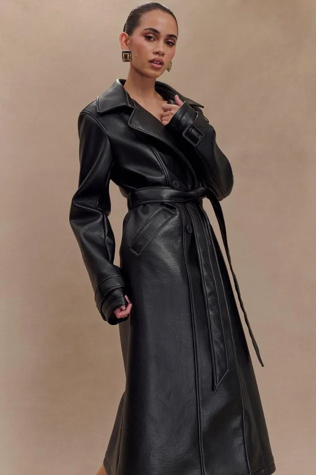 Women Meshki Dresses Tarah Faux Leather Trench Coat 8211 Black