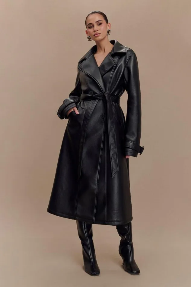 Women Meshki Dresses Tarah Faux Leather Trench Coat 8211 Black