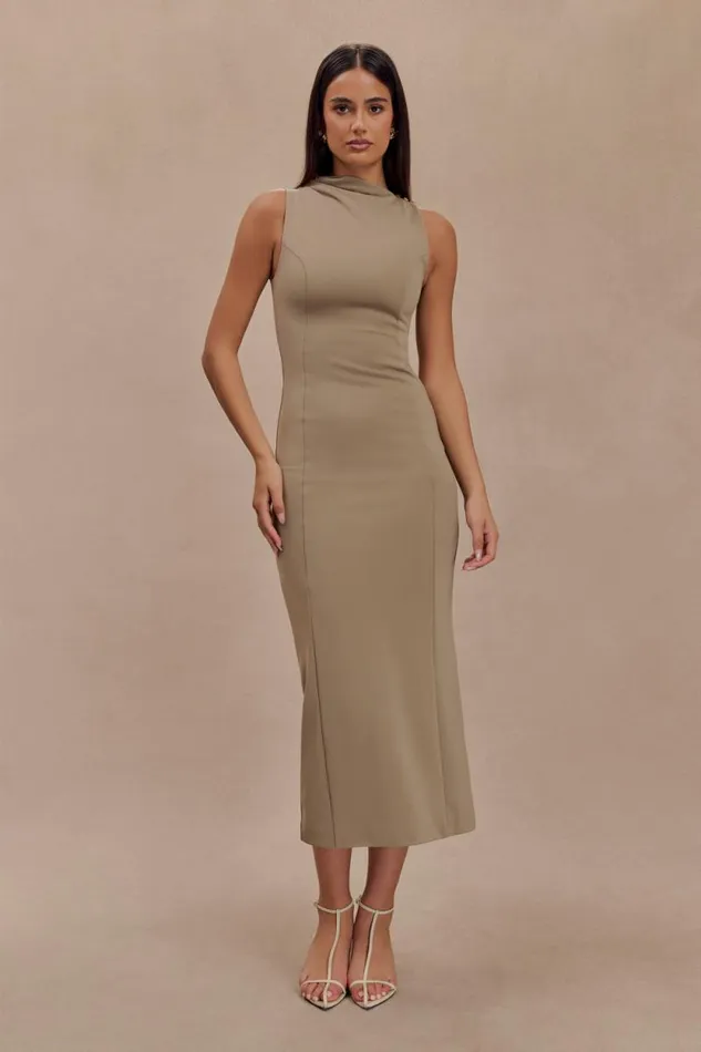 Women Meshki Dresses Taylor Draped Stretch Crepe Midi Dress 8211 Mushroom