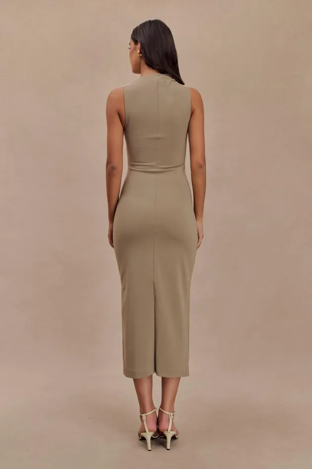 Women Meshki Dresses Taylor Draped Stretch Crepe Midi Dress 8211 Mushroom
