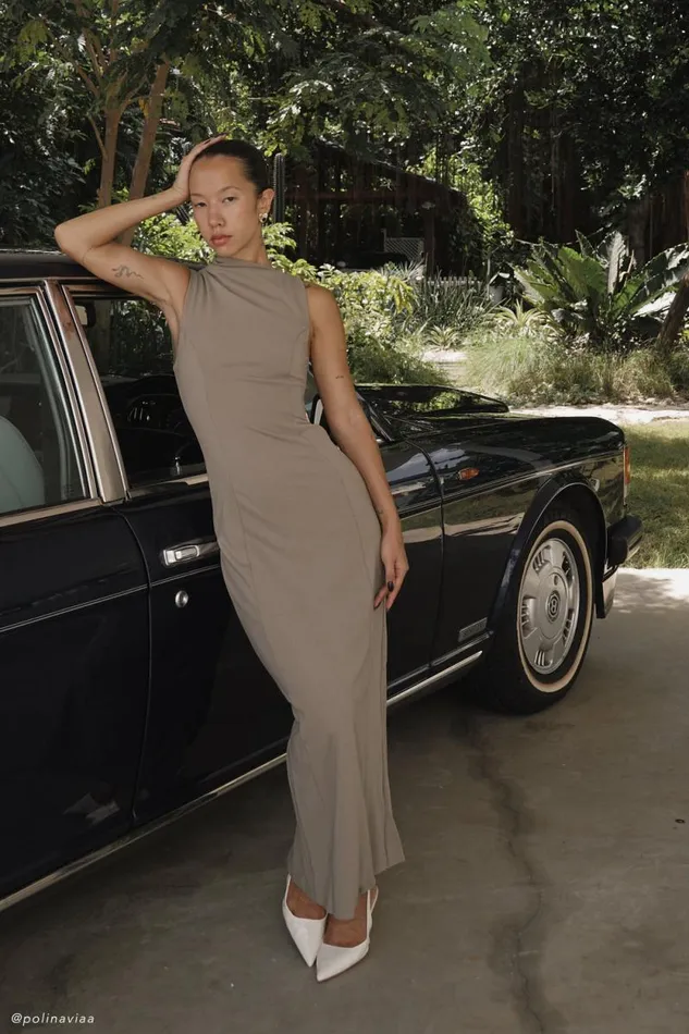 Women Meshki Dresses Taylor Draped Stretch Crepe Midi Dress 8211 Mushroom
