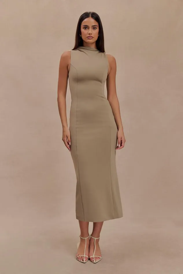 Women Meshki Dresses Taylor Draped Stretch Crepe Midi Dress 8211 Mushroom