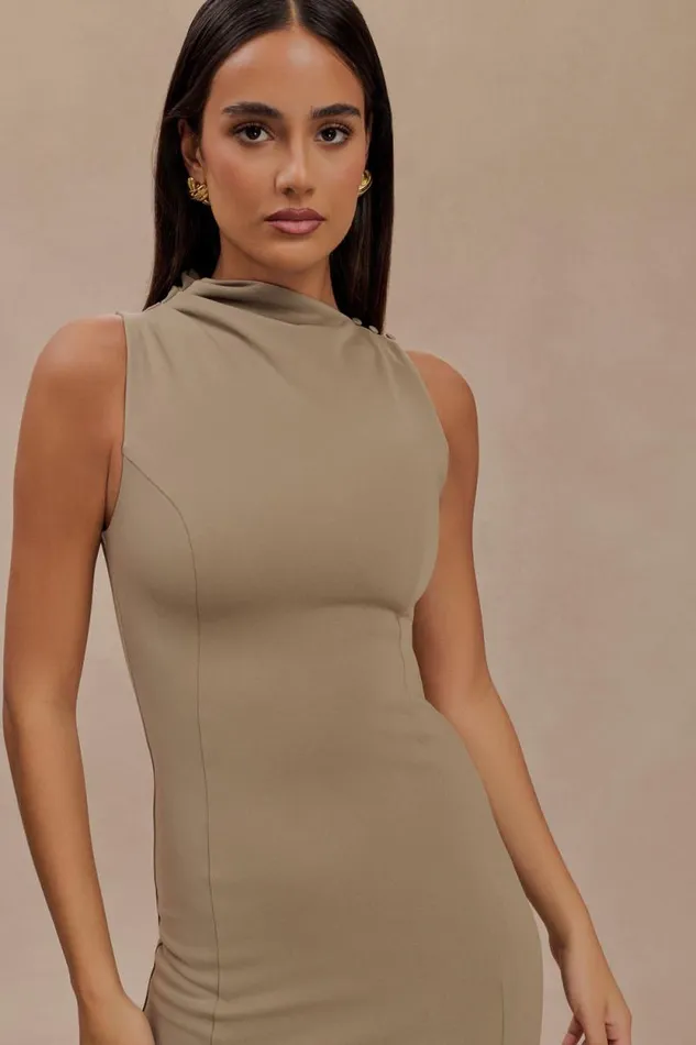 Women Meshki Dresses Taylor Draped Stretch Crepe Midi Dress 8211 Mushroom