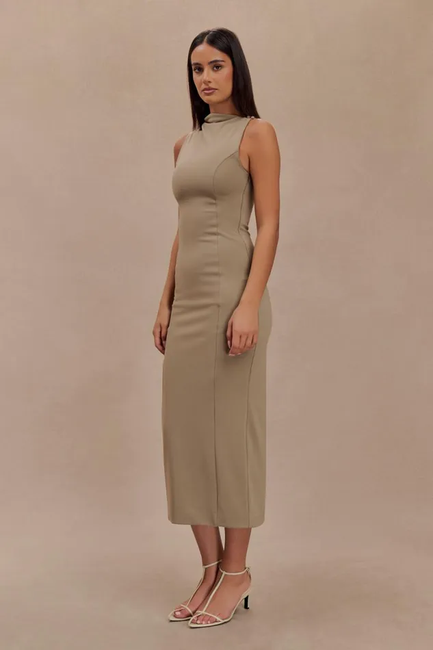 Women Meshki Dresses Taylor Draped Stretch Crepe Midi Dress 8211 Mushroom