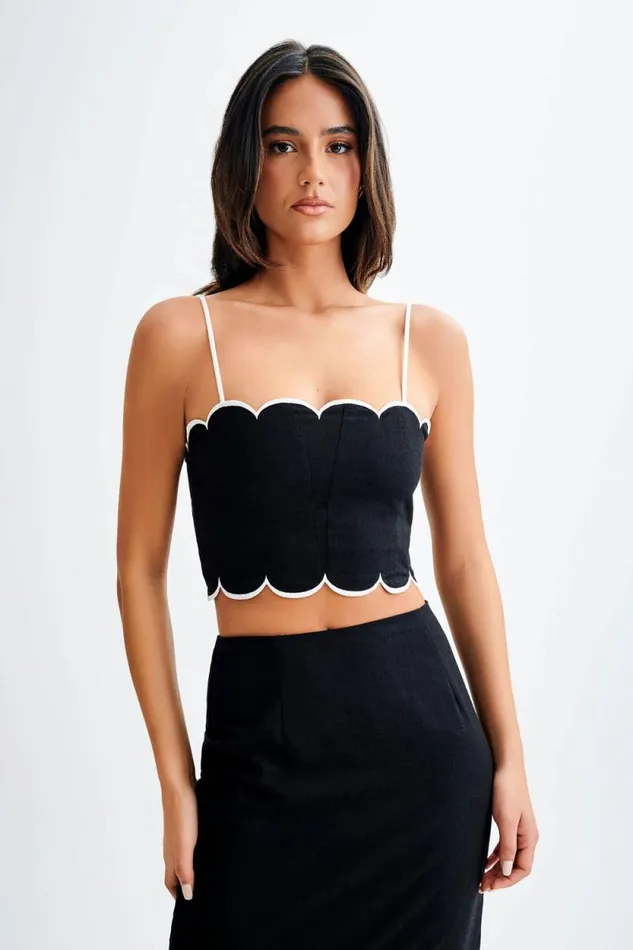Women Meshki Tops Alessio Scalloped Linen Top 8211 Black