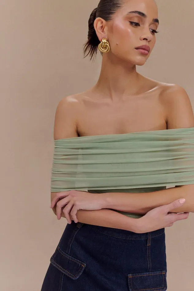 Women Meshki Tops Arna Off Shoulder Mesh Crop Top 8211 Basil