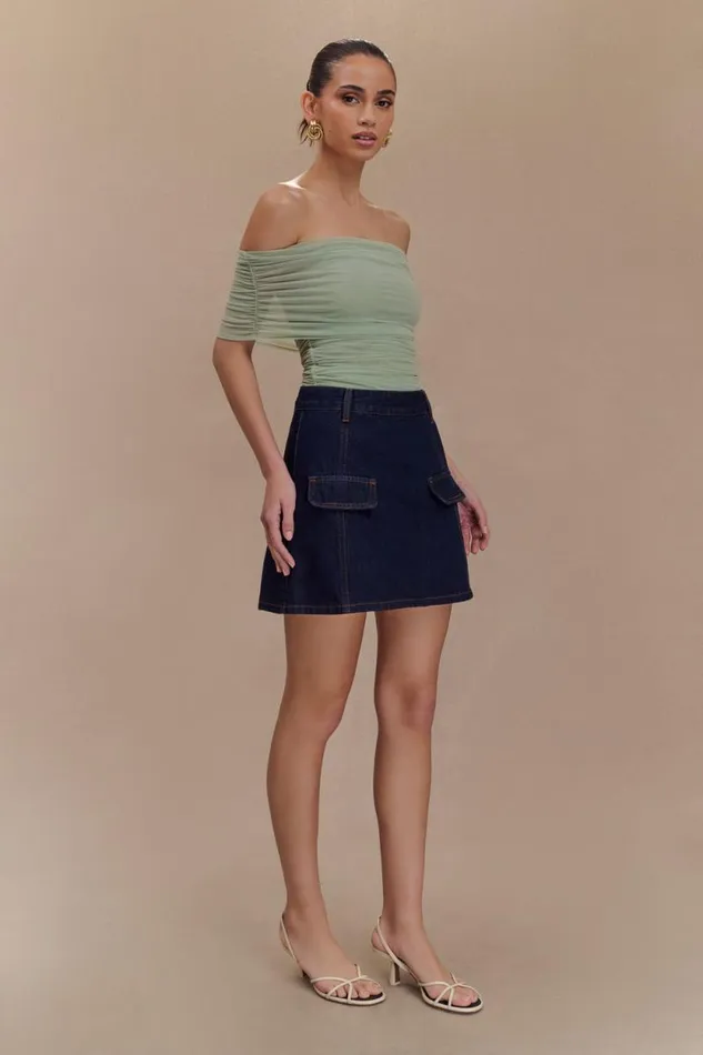 Women Meshki Tops Arna Off Shoulder Mesh Crop Top 8211 Basil